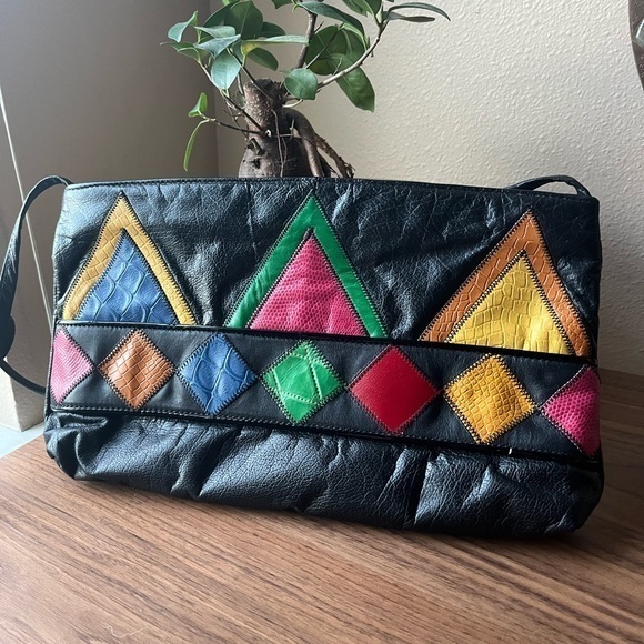 Vintage Colorful Geometric Maximalist Genuine Leather Bag Large and Beautiful - Picture 1 of 10